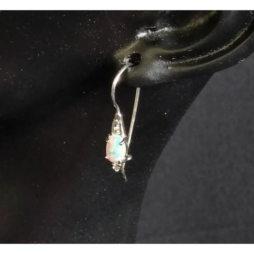 Sterling Silver 925 Opal Drop Earrings with CZ Accent Dangle Pierced Jewelry RJ - Picture 3 of 9